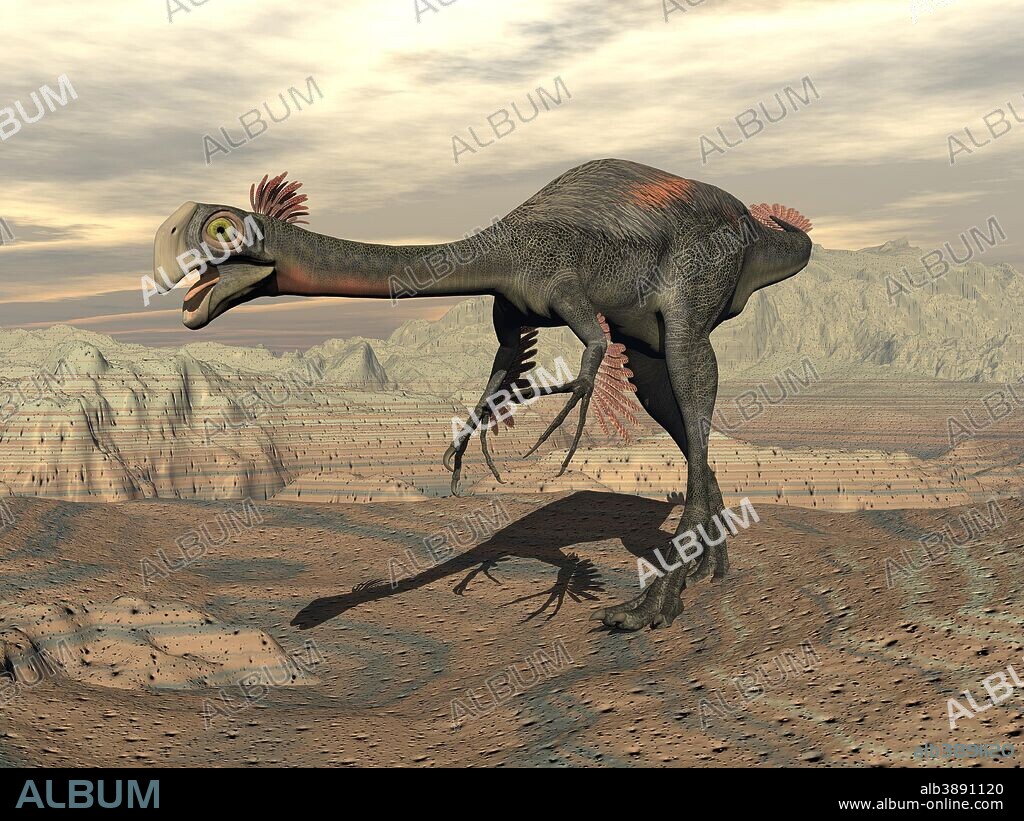 Gigantoraptor dinosaur walking on rocky terrain.