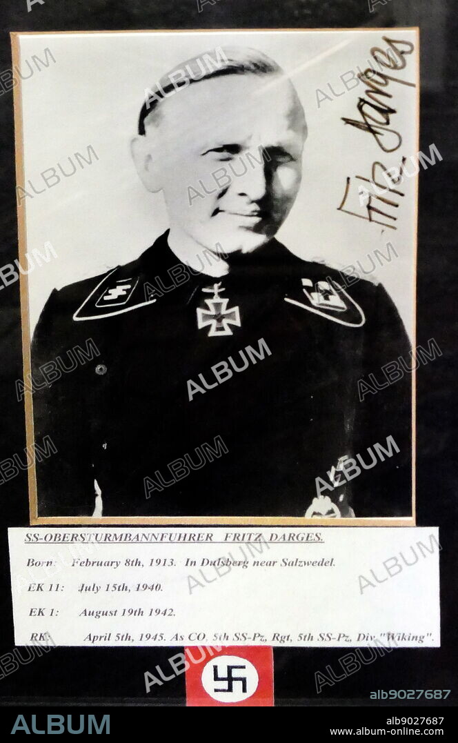 Signed photograph of Fritz Darges. Fritz Darges (1913-2009) an Obersturmbannfuhrer in the Waffen-SS during World War II who was awarded the Knight's Cross of the Iron Cross.