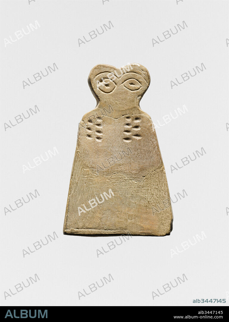 Eye idol, Middle Uruk, ca. 3700–3500 B.C., Syria, Tell Brak, Gypsum alabaster, 2 7/8 x 1 3/4 x 1/4 in. (7.3 x 4.4 x 0.7 cm), Stone-Sculpture,.