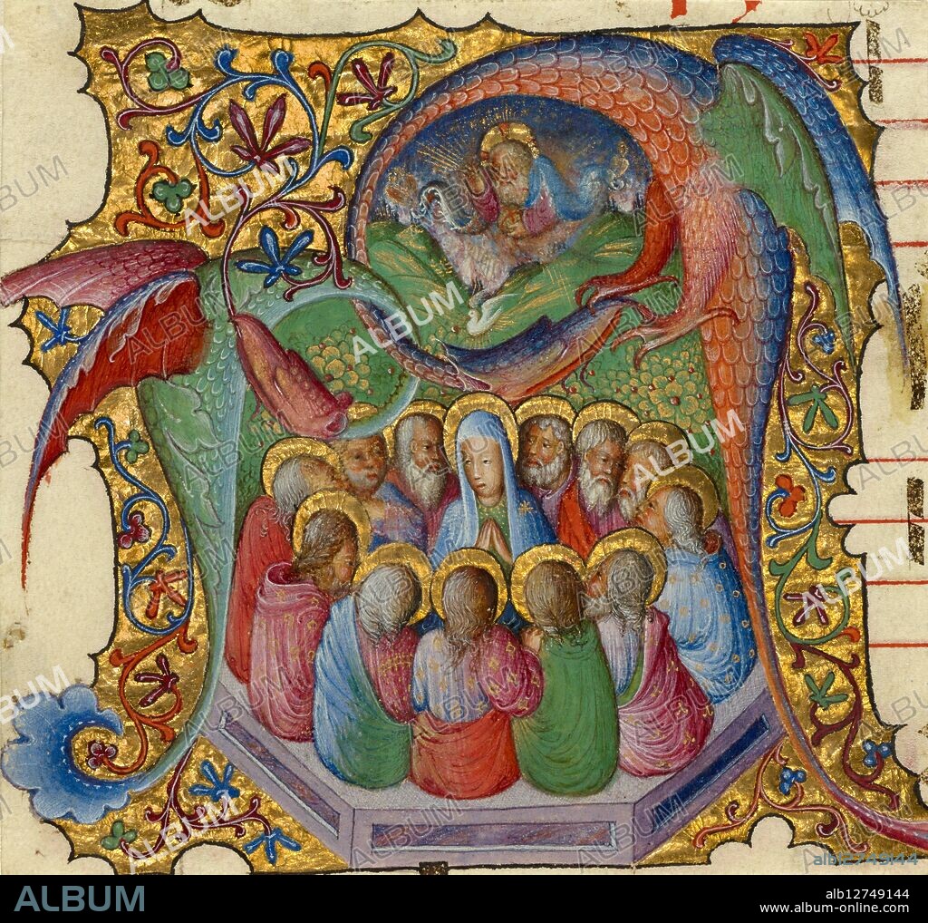Initial A: Pentecost, about 1430-1435.   Additional Info: Christ's Apostles gather around the Virgin Mary in a tight circle, ready to receive the Holy Spirit, which descends in the form of a white dove from the figure of God the Father above. The entire scene takes place within an initial A, formed by the curved bodies of two dragons intertwined at their necks. Stefano da Verona's use of a lively palette of softly blended colors, and his delicate application of gold highlights to show details in the landscape, are hallmarks of his painting style. Attributed to Stefano da Verona.
