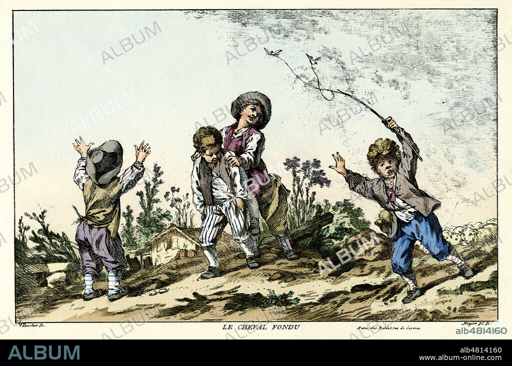 'Le cheval fondu'. Jeu d'enfants. Illustration d'apres Francois Boucher vers 1890. Credit : Collection KHARBINE-TAPABOR.