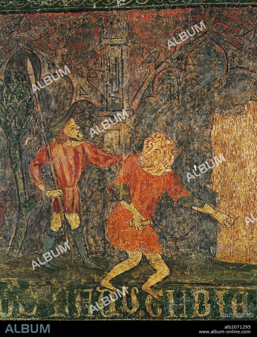 ARTE GOTICO. ESPAÑA. "FRONTAL DE TORDESILLAS". Pintura románica al temple sobre madera. Procede del Convento de Santa Clara de Tordesillas (provincia de Valladolid). Detalle con la representación de un SOLDADO Y UN AGRICULTOR. Museo Diocesano de Barcelona. Cataluña.