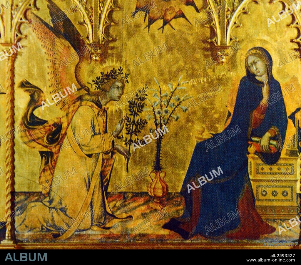 Simone Martini "The Annunciation" (detail) 1333, Tempera on panel. This polyptych, dated and signed by both Simone Martini and Lippo Memmi, who probably did the wings, was formerly in the Chapel of St Ansano.
