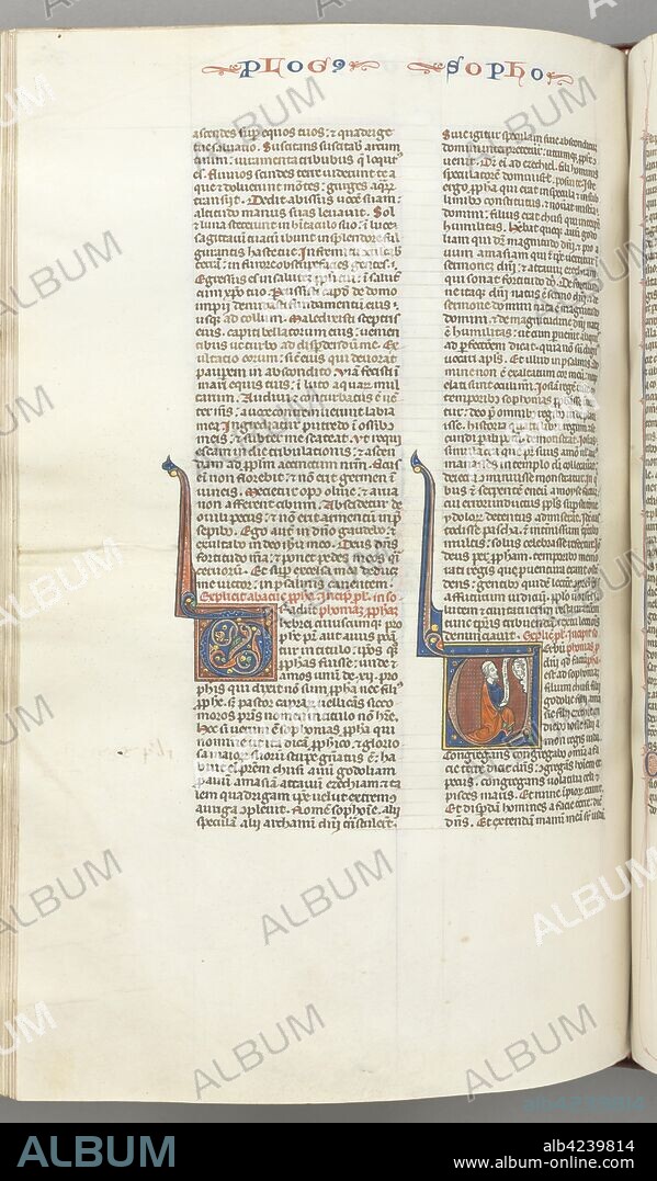Fol. 362v, Zephaniah, historiated initial V, Zephaniah kneeling with a scroll, bust of God above, c. 1275-1300. Southern France, Toulouse(?), 13th century. Bound illuminated manuscript in Latin; brown morocco binding; ink, tempera and gold on vellum; 533 leaves.