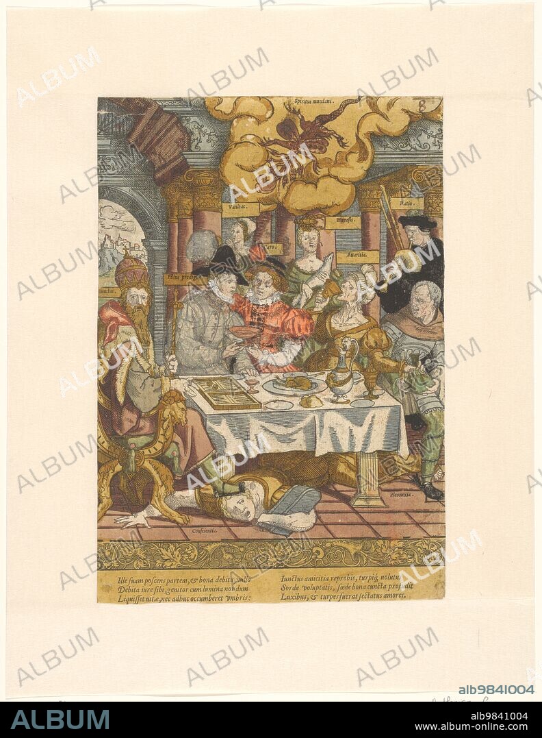 CORNELIS ANTHONISZ. The prodigal son wastes his inheritance, c.1540-c.1550. Son (Filius Prodigus) at the table with lust (Caro) and greed (Avaritia). Personification of the world (Mundus) trampled conscience (Conscientia). Selfishness (Proprum Commudum) steals the money pouch. Behind him are transience (Vanitas), heresy (Haeresis) and reason (Ratio), playing bagpipes. Above the scene in a cloud the spirit of inaccuracy and fanatic (Spiritus Erronei & Fanatics). Print from a series of six woodcuts with six-line Latin captions. The woodcut is hand-coloured where the costumes have been adjusted / modernized.