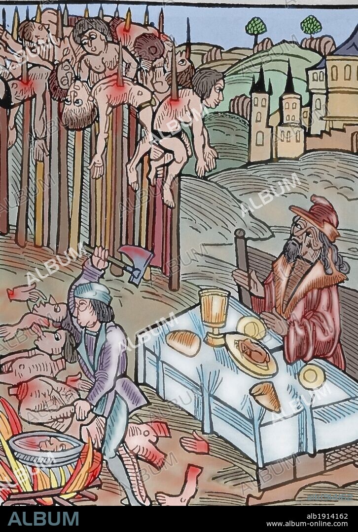 VLAD DRACULA (m.1476). Voivoda de Valaquia entre 1456 y 1462 y en 1476. Grabado coloreado.