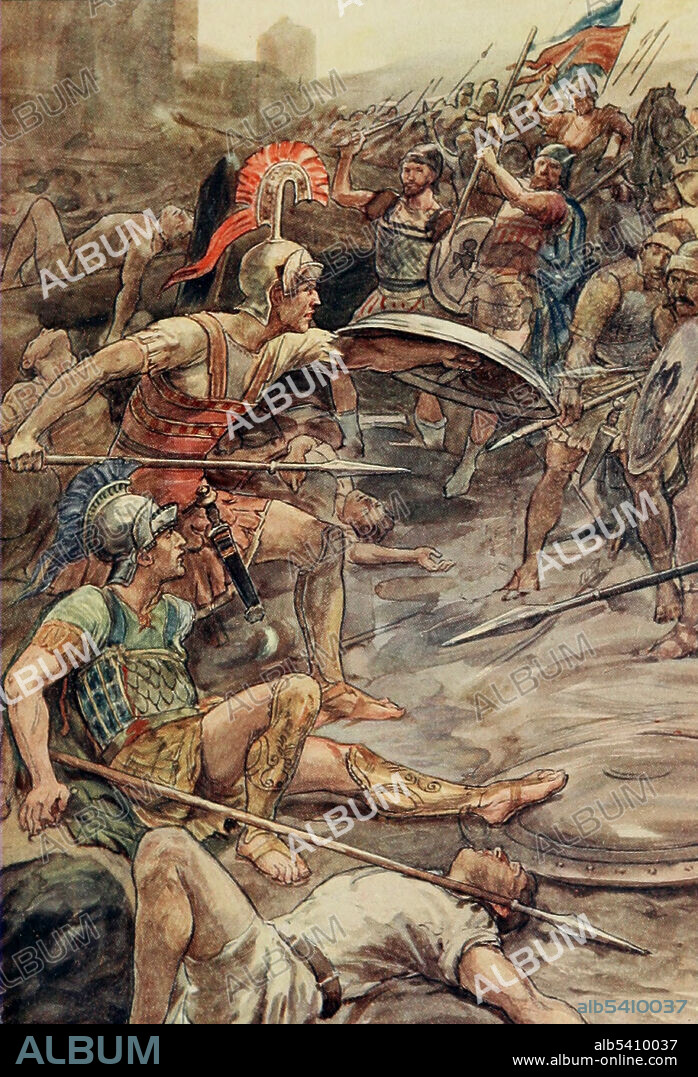 The Siege of Mantinea occurred in 385 BC, and resulted in a victory of the Spartans over the city of Mantinea, which was defeated and dismembered. Epaminondas, king of the Thebans, then fighting on the side of the Spartans, famously rescued his fellow Theban Pelopidas. Mantinea had been opposed to the Spartans in the Peloponesian War. According to Plutarch: Pelopidas, after receiving seven wounds in front, sank down upon a great heap of friends and enemies who lay dead together; but Epaminondas stood forth to defend his body and his arms, and fought desperately, single-handed against many, determined to die rather than leave Pelopidas lying there. Plutarch's Lives for Boys and Girls, 1900 (cropped and cleaned).