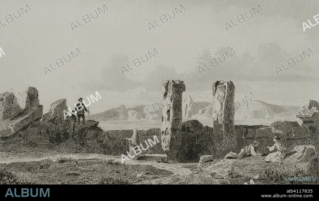Xaghra, Island of Gozo, Malta. Ggantija. Ruins of a megalithic temple dating from the Neolithic era (from 3600 to 3200 BC). Engraving. Lemaitre direxit. History of Malta and Gozo, by Frédéric Lacroix. Panorama Universal, Spanish edition, printed in Barcelona, 1850.