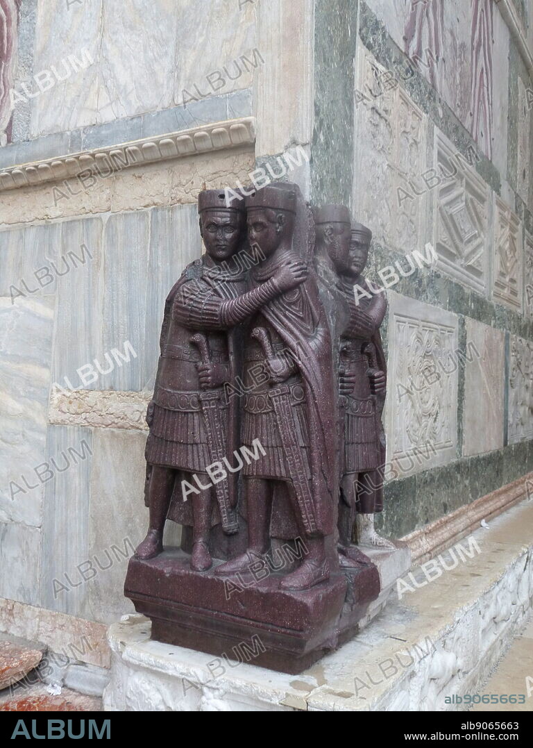 The Portrait of the Four Tetrarchs. A Porphyry sculpture group of four Roman emperors dating from around 300 AD. Fixed to a corner façade of St Mark's Basilica in Venice in the Middle Ages. Venice. Italy 2013.