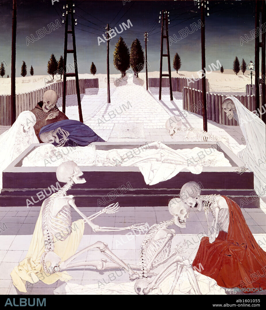 Entombment by Paul Delvaux, oil on wood panel, 1957, 1897-1994, Belgium, St. Idesbald, Paul Delvaux Foundation and Museum.