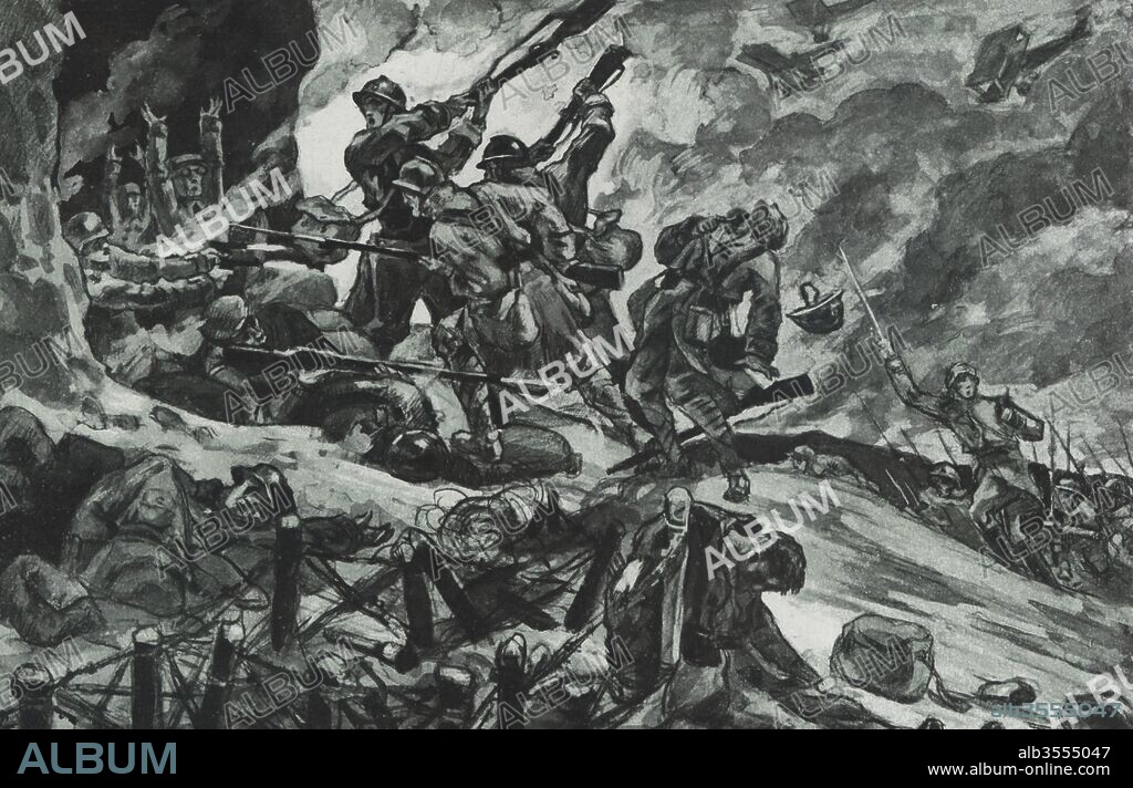 Primera guerra mundial (1914-1918). Reconquista por las tropas francesas del fuerte de Vaux. Grabado de 1916.