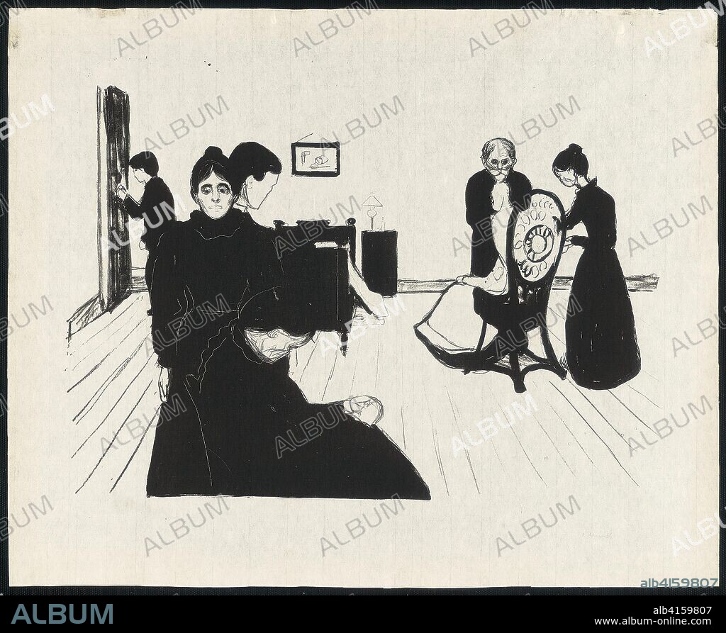 Death in the Sickroom. Edvard Munch; Norwegian, 1863-1944. Date: 1896. Dimensions: 415 x 559 mm (image); 482 x 600 (plate); 544 x 667 mm (sheet). Lithograph in black ink on lightweight cream Japanese paper. Origin: Norway.