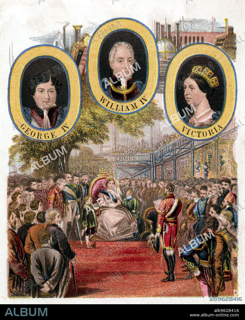 Queen Victoria opening the Great Exhibition, Crystal Palace, London, 1 May 1851. At the top are portraits of Victoria and of the two uncles who reigned before her, George IV and William IV. Conceived by Prince Albert, the Great Exhibition was intended to showcase the 'Works of the Industry of all Nations'. It was housed in the purpose-built Crystal Palace, the first large-scale prefabricated ferrovitreous (iron and glass) structure, designed by the landscape designer, Joseph Paxton. The prefabricated design made the construction, and later dismantling of the building, easier and quicker.