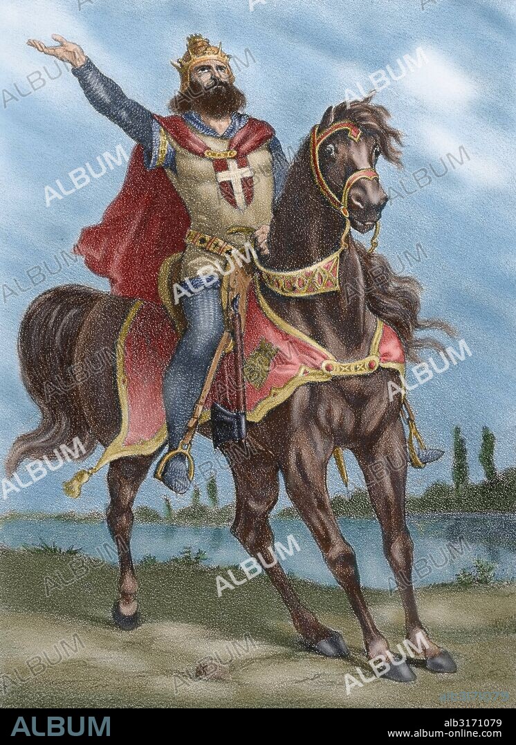 Ferdinand III (c.1201-1252), called Ferdinand the Saint. King of Castile and Leon. Ferdinand III on horseback. Engraving in Spain Illustrated History by R. del Castillo, 19th century. Colored.