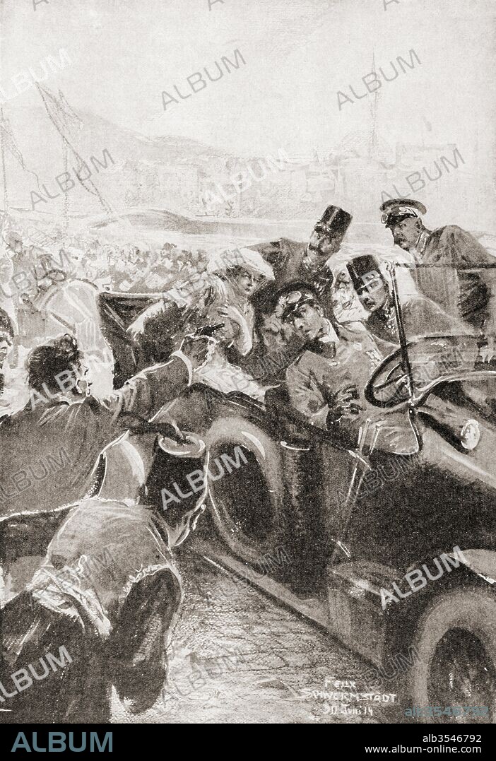 The assassination of Franz Ferdinand and his wife, Sophie, Duchess of Hohenberg, 28 June, 1914 in Sarajevo by Gavrilo Princip. Franz Ferdinand, 1863 – 1914. Archduke of Austria-Este, Austro-Hungarian and Royal Prince of Hungary and of Bohemia. From Illustrierte Geschichte des Weltfrieges1914/15.