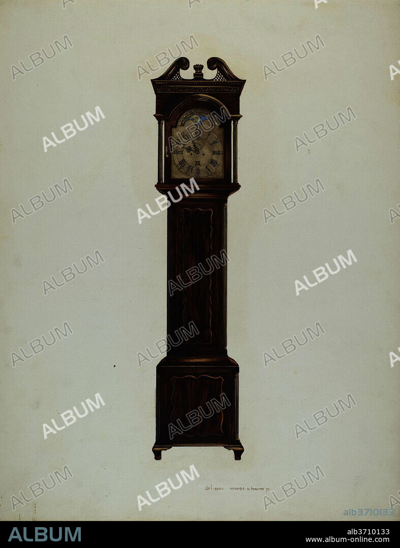 JR. ERNEST A. TOWERS. Duncan Beard Grandfather Clock. Dated: c. 1939. Dimensions: overall: 45.7 x 35.5 cm (18 x 14 in.)  Original IAD Object: 7'10"high; 22"wide; 11"deep. Medium: watercolor, colored pencil, gouache, pen and ink and graphite on paperboard.