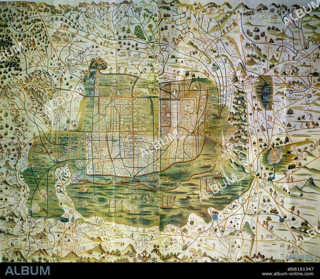 ALONSO SANTA CRUZ (1505-1572). ISLARIO GENERAL DE TODAS LAS ISLAS DEL MUNDO - CONQUISTA DE NUEVA ESPAÑA - MAPA DEL VALLE DE MEXICO - 1560.