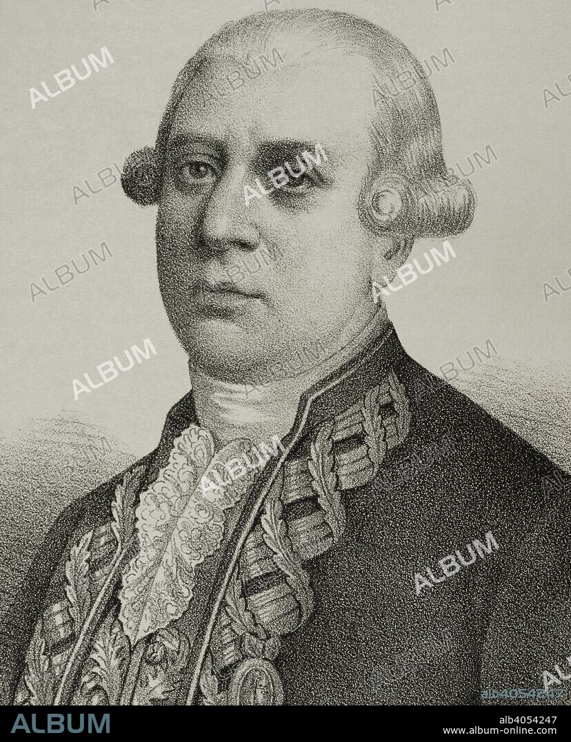 Jose Joaquin Romero y Fernandez de Landa (1735-1807). Marine, military and Naval Engineer of the Royal Spanish Armada. Drawing by Llanta. Portrait, detail. Lithography. Cronica General de Espa–a, Historia Ilustrada y Descriptiva de sus Provincias. Andalucia, 1867.