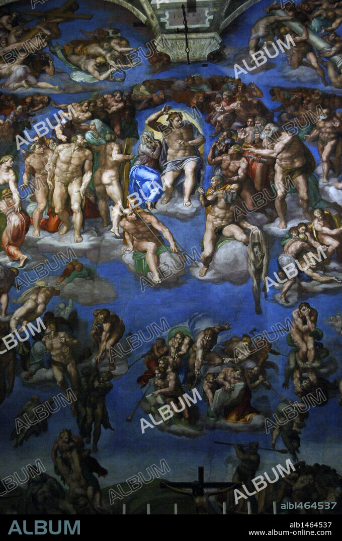 Michelangelo (Michelangelo Buonarroti) (1475-1564). Italian artist. The Last Judgement. Fresco. 1536-1541. Detail. Central part. Sistine Chapel. Vatican Museums. Vatican City.