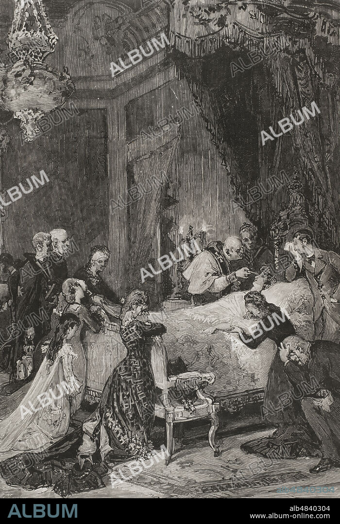 ALEJANDRO FERRANT Y FISCHERMANS (1843-1917). SPANISH ARTIST. ARTURO CARRETERO (CA.1852-1903). SPANISH ENGRAVER.. María de las Mercedes de Orleans y Borbón (1860-1878). Reina consorte de España, esposa de Alfonso XII. Murió poco después de su boda a consecuencia de fiebres tifoideas. Últimos momentos de la reina Doña María de las Mercedes. Acto de administrar el sacramento de la extremaunción a la reina en la madrugada del 24 de junio de 1878. Dibujo de Alejandro Ferrant. Grabado por Arturo Carretero. La Ilustración Española y Americana, 1878.