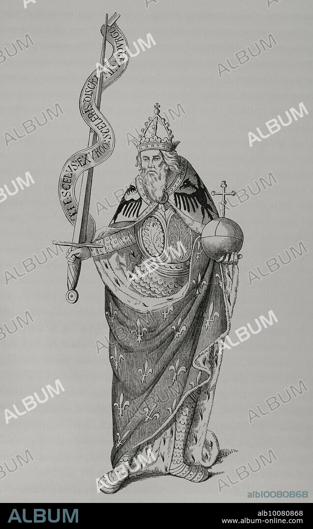 Charlemagne (742-814). King of the Franks (768-814), king of the Lombards (774-814), and emperor of the Holy Roman Empire (800-814). Charlemagne holding the globus cruciger in one hand and the sword in the other. Motto shown around the sword: In scelus exurgo, sceleris discrimina purgo. Engraving from a miniature in "Registres de l'Université de Paris". "Moeurs, usages et costumes au moyen-âge et à l'époque de la Renaissance", by Paul Lacroix. Paris, 1878.
