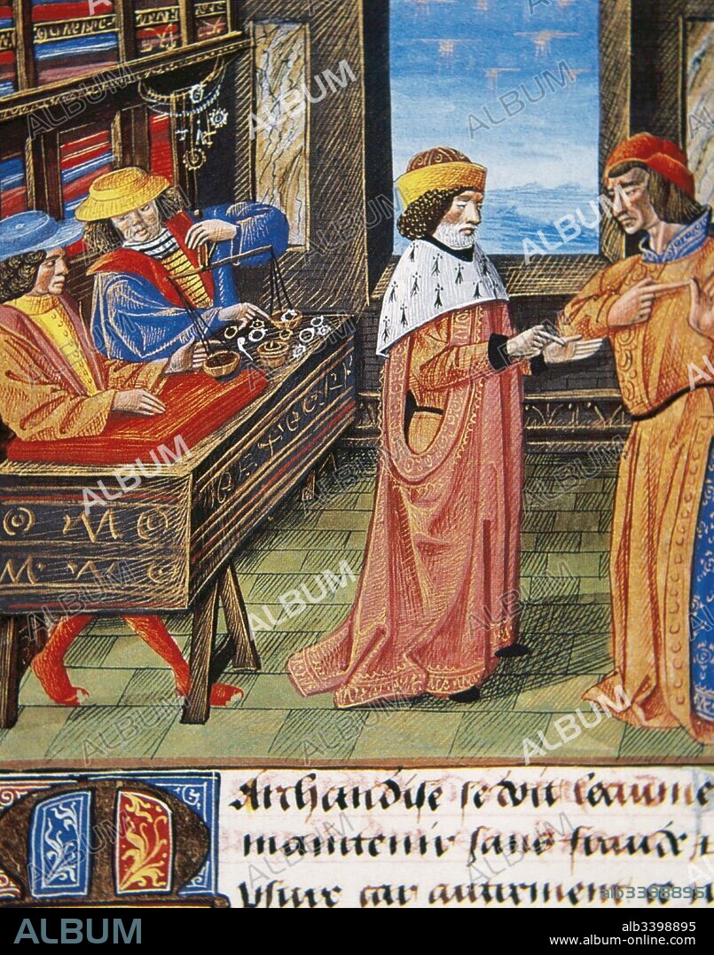 Miniatura del siglo XV con la representación de un comercio de la Edad Moderna dedicado a la venta de telas y joyas. Castillo de Chantilly. Francia.