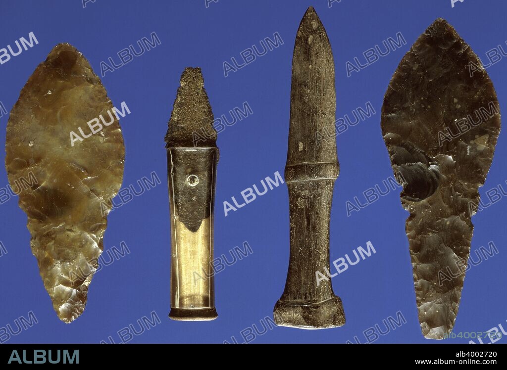 Bronze Age daggers. The central copper dagger, with a reconstructed handle, has been copied in bone and flint. All were dredged from different stretches of the Thames.