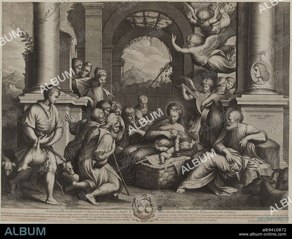 The Adoration of the Shepherds after Raphaël (Dutuit p. 26, Le Blanc 27), Bloemaert, Cornelis II (the Younger), Engraver, Raphaël (Raffaello Santi or Sanzi or Sanzio, known as), Author of the model, 17th century, Print, Graphic arts, Interpretation Print, Burin, Dimensions - Work: Height: 44 cm, Width: 58 cm.