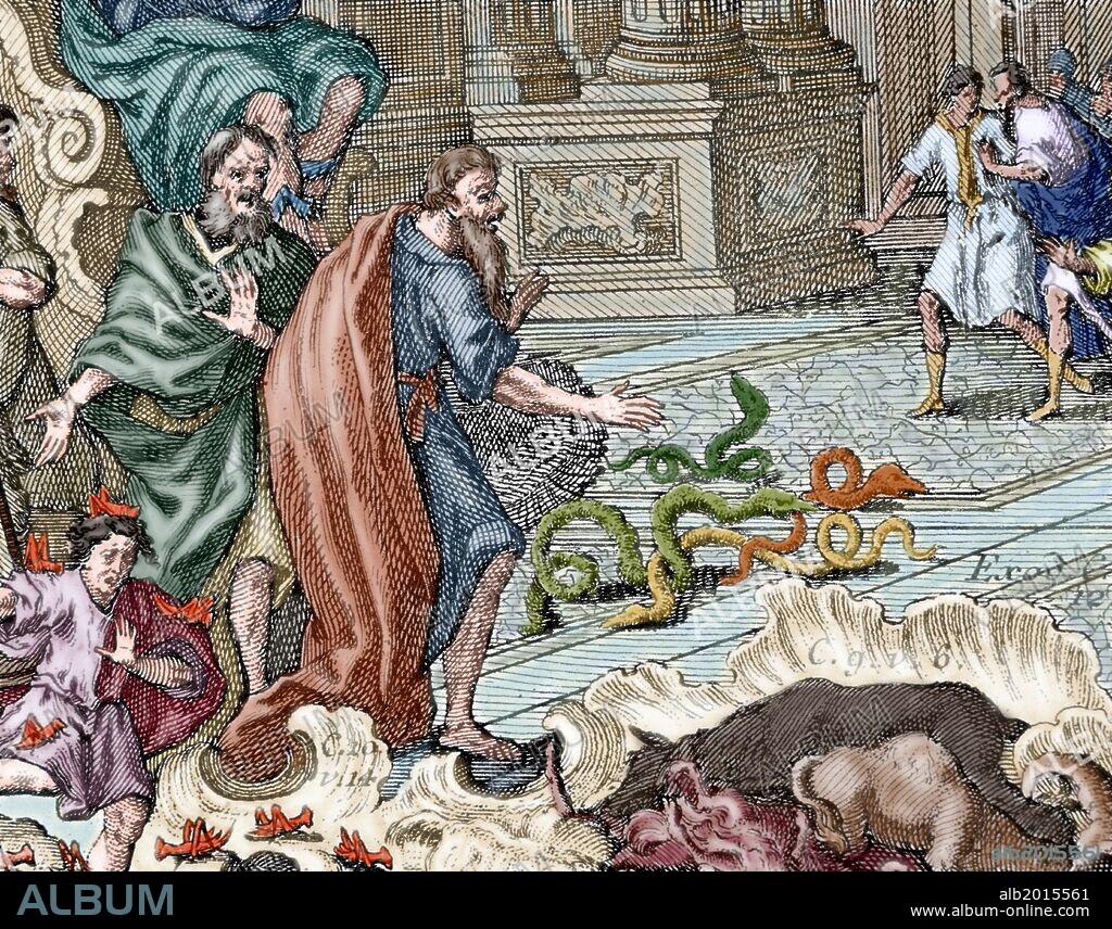 EXODO C.7 V.12. "Aaron lanzando bastones, que se convierten en serpientes, delante del Faraón de Egipto" Grabado coloreado.