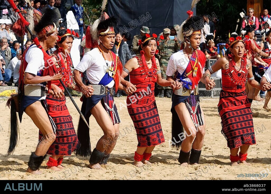 Tribal ritual dance at the Hornbill Festival, Kohima, Nagaland, India, Asia.