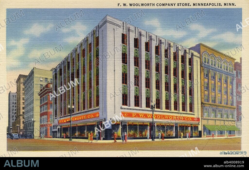 FW Woolworth Company store, Minneapolis, Minnesota, USA, 1937. Vintage postcard showing the exterior of the Art Deco style department store, which opened in 1937.