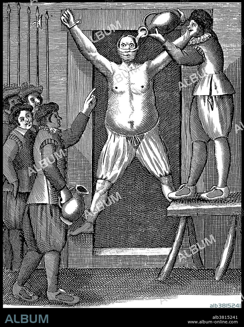 A man suffers the torture of water. Water torture is a form of torture in which the victim is forced to drink large quantities of water in a short time, resulting in gastric distention, water intoxication, and possibly death. Often the victim has the mouth forced or wedged open, the nose closed with pincers and a funnel or strip of cloth forced down the throat. The victim has to drink all the water (or other liquids such as bile or urine) poured into the funnel to avoid drowning. The stomach fills until near bursting and is sometimes beaten until the victim vomits and the torture begins again. Water torture was used extensively and legally by the courts of France from the Middle Ages to the 17th and 18th centuries. It was known as being put to "the question", with the ordinary question involving the forcing of one gallon of water into the stomach and the extraordinary question involving the forcing of two gallons.