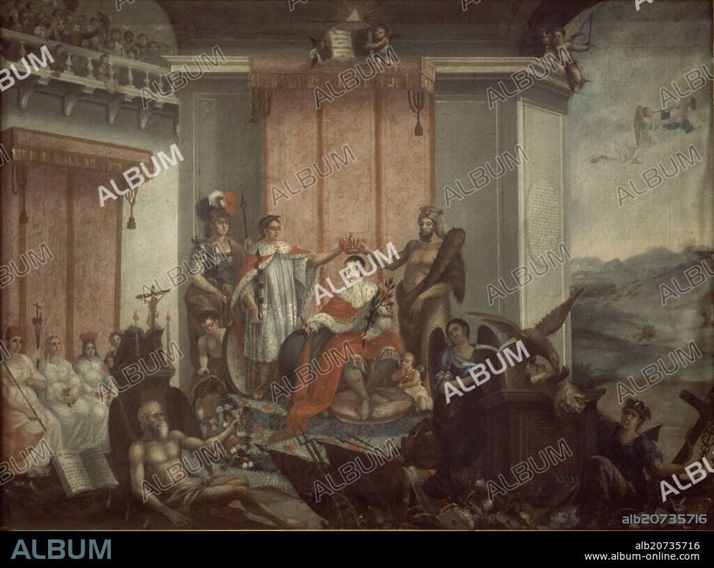JOSÉ IGNACIO PAZ. ALEGORIA DE LA CORONACION DEL EMPERADOR AGUSTIN ITURBIDE - 1822 - EMPERADOR DE MEXICO - OLEO/TELA - SIGLO XIX.