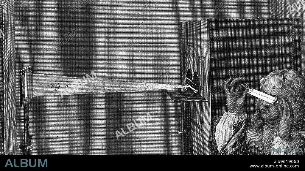 Experiment showing that prismatic colours cannot be split further, 1747. From Mathematical Elements of Natural Philosophy confirm'd by Experiment by Jean Theophilus Desaguliers, a 'popular' explanation of the work of the English physicist Isaac Newton. (London, 1747).