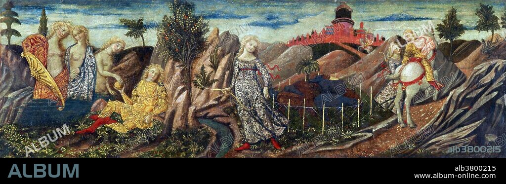 "Story of Oenone and Paris" (c.1460s) by Francesco di Giorgio Martini (Italian, 1439-1501). This panel features several stories from the life of the Trojan prince, Paris. At left is the Judgment of Paris, one of the events that led up to the Trojan War. Paris (reclining) awards the golden apple (for the fairest) to the goddess Venus (Aphrodite), rather than Juno (Hera) or Minerva (Athena), since Venus bribes him with access to Helen, the world's most beautiful mortal. The Greeks' expedition to retrieve Helen from Paris in Troy is the mythological basis of the Trojan War. Paris's first wife, the nymph Oenone, appears at center, wearing a flowing robe; she prophesied a bad end to Paris's pursuit of Helen. She appears again at right, imploring Paris, who is riding a white horse, not to leave. In the distance and alone on horseback, Paris gallops towards a city, maybe meant to represent Troy.