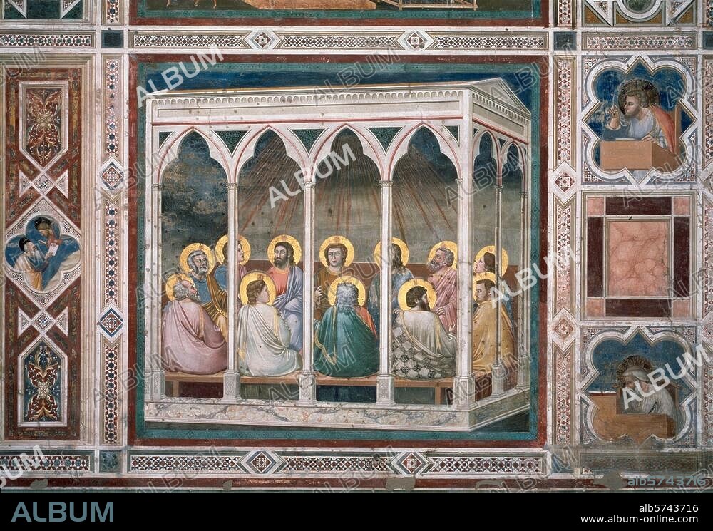 Giotto di Bondone; um 1266-1337; und Werkstatt. "Die Ausgießung des Heiligen Geistes", um 1303/05. Fresko, ca. 185 × 200 cm. Aus dem Zyklus mit Szenen aus dem Leben Mariä und Christi. Padua, Arenakapelle. (Cappella degli Scrovegni), linke Wand, untere Reihe, 6. Bild.
