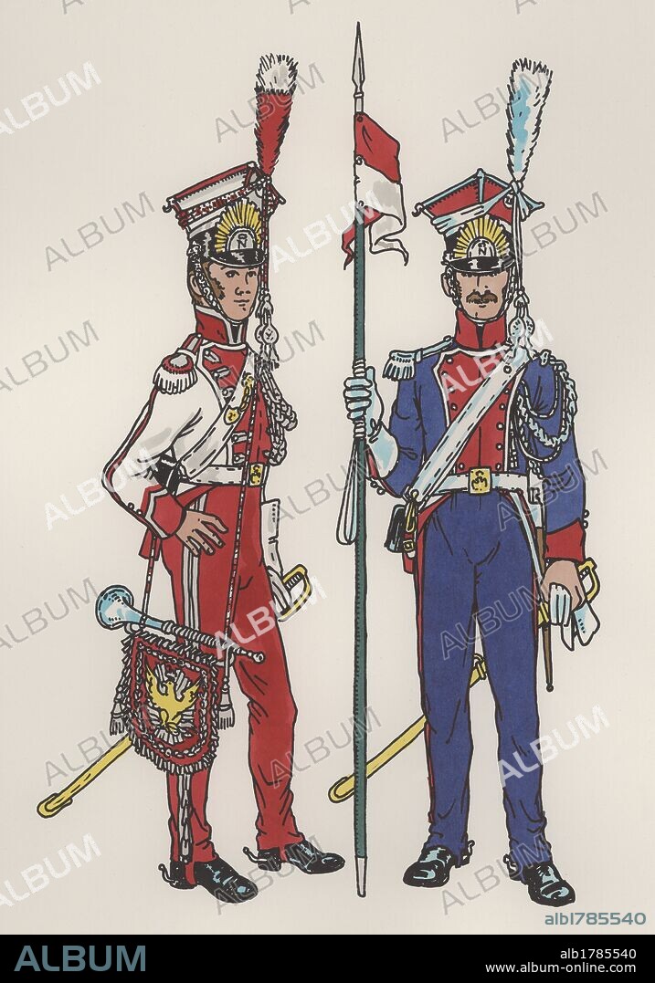 Francia. Uniformes militares. Siglo XIX. Primer regimiento de lanceros polacos de la guardia. Trompeta y Lancero. Año 1811. Dibujo de Joaquín Pla Dalmau (Girona, 1917-2005).