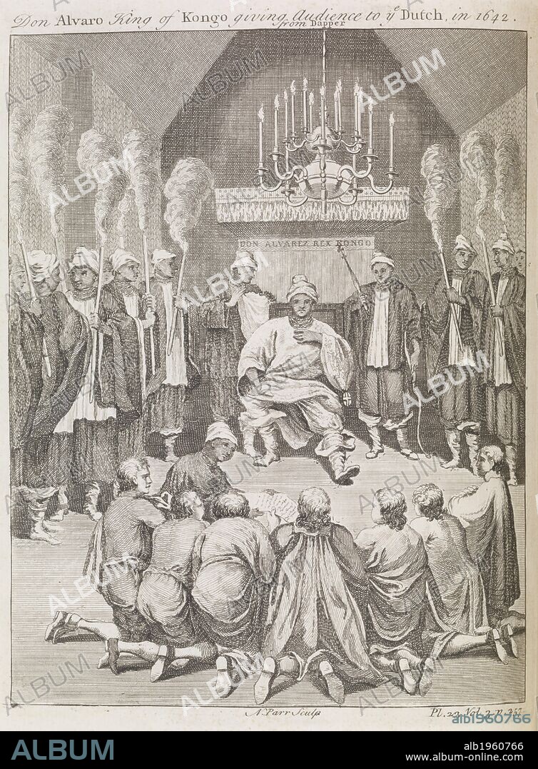 Don Alvaro, king of Kongo giving audience. A new general collection of voyages and travels .. London, 1745-47. Source: V.9733.(3).