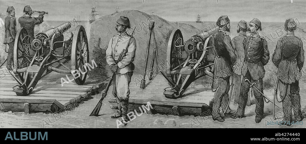 BERNARDO RICO (1825-1894). SPANISH ENGRAVER.. Conflicto egipcio con los británicos, 1882. Egipto. Alejandría. Batería egipcia de cañones Krupp en el fuerte de Mecks, cerca de Alejandría. Grabado por Rico. La Ilustración Española y Americana, 22 de julio de 1882.