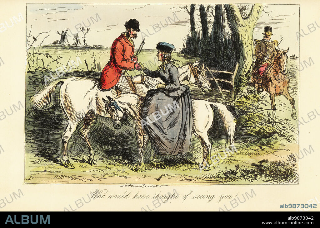 Gentleman on an old nag and lady on a pony meet up during a fox hunt, 19th century. Rosa McDermott sidesaddle on her pony and Jack Bunting shake hands. The groom gardener Old Gaiters watches from behind a tree. Who would have thought of seeing you. Handcoloured steel engraving after an illustration by John Leech from Robert Smith Surtees Plain or Ringlets?, Bradbury and Evans London, 1860. Leech (1817-1864) was an English caricaturist and illustrator best known for his work for Punch magazine.