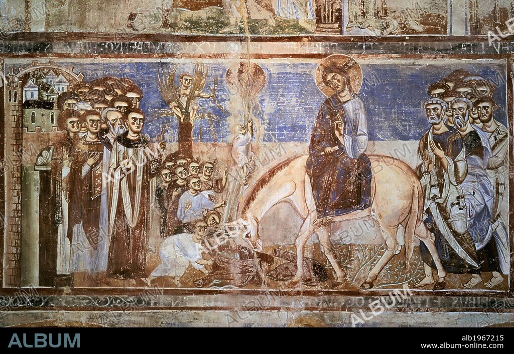 Entering Jerusalem, 1072-1087, fresco from the nave of the Basilica of Sant'Angelo in Formis, Sant'Angelo in Formis, Campania. Italy, 11th century.
