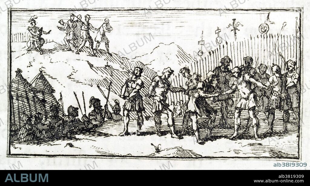 Entitled: "Example of Decimation, a Roman military punishment where every tenth man suffers death." Official punishment by the infliction of pain or injury was practiced in most civilizations since ancient times. When the Roman soldier enrolled in service to the state, he swore a military oath known as the sacramentum: originally to the Senate and Roman People, later to the general and the emperor. The sacramentum stated that he would fulfill his conditions of service on pain of punishment up to and inclusive of death. Discipline in the army was extremely rigorous by modern standards, and the general had the power to summarily execute any soldier under his command. Beating to death was the punishment for many offenses, such as falling asleep on guard duty, giving false evidence, stealing, homosexual practice, and committing the same fault three times. Leaving your post out of fear and throwing away any of your weapons on the battlefield was also punished with death.