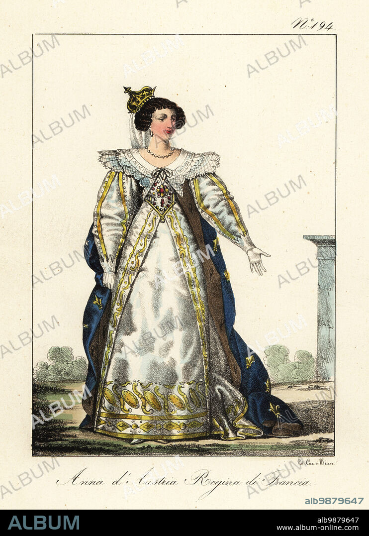 Anne of Austria, queen of France, wife to Louis XIII, 1601-1666. In crown with veil, gown with large lace collar, embroidered sleeves and skirts, blue mantle with gold fleurs-de-lys. Anne d'Autriche, Reine de France. Handcoloured lithograph by Lorenzo Bianchi and Domenico Cuciniello after Hippolyte Lecomte from Costumi civili e militari della monarchia francese dal 1200 al 1820, Naples, 1825. Italian edition of Lecomtes Civilian and military costumes of the French monarchy from 1200 to 1820.