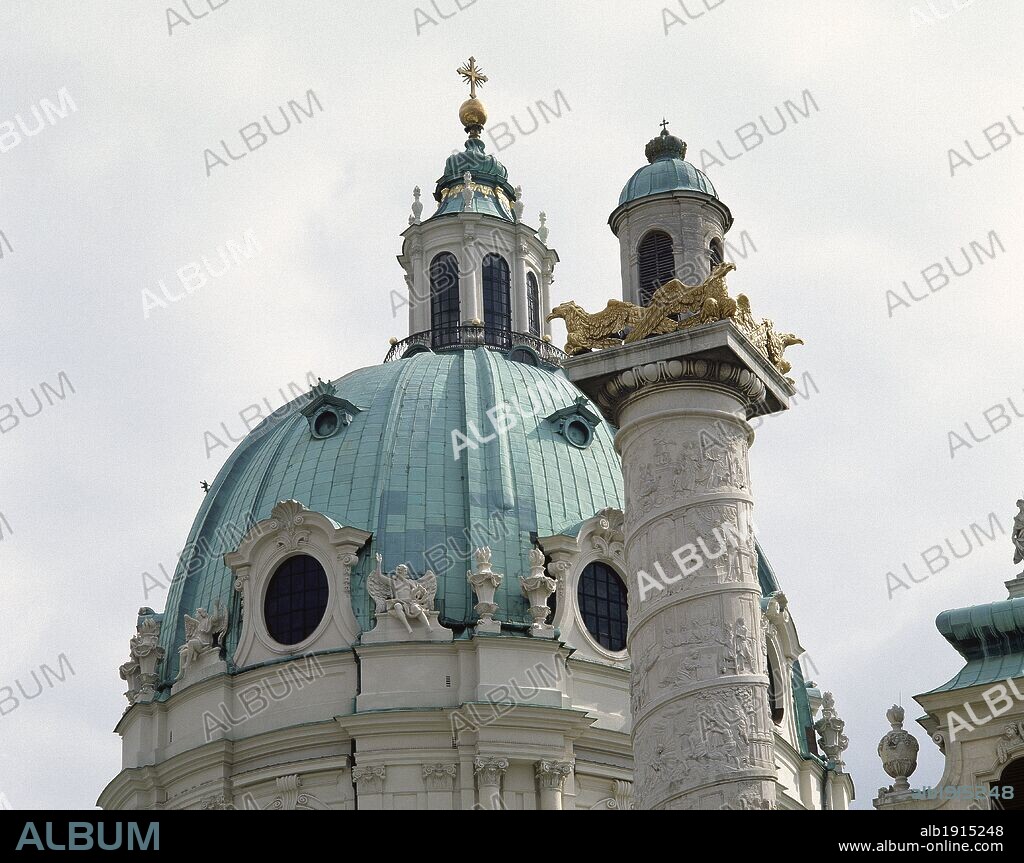 Vienna, Austria. Karlskirche (St. Charles's Church). It was built in Baroque style by the architect Johann Bemhard Fischer von Erlach (1656-1723). Dome and column, architectural detail.