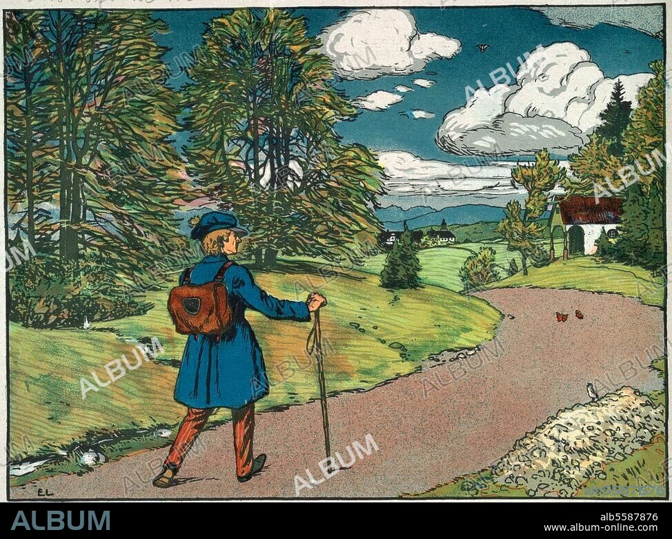 Musik / Gesang / Volkslied:. - "Wanderschaft" (Der Mai ist gekommen (..), Text: E.Geibel, Musik: J.W.Lyra). Farblithographie nach Zeichnung von Ernst Liebermann (1869-1960). Aus: Kindersang-Heimatklang, Kinder- und Volkslieder, Tonsatz v. Bernhard Scholz, Bildschmuck von Ernst Liebermann, Bd. 2, Mainz (Jos. Scholz) o. J. (um 1905). Berlin, Sammlung Archiv für Kunst und Geschichte.