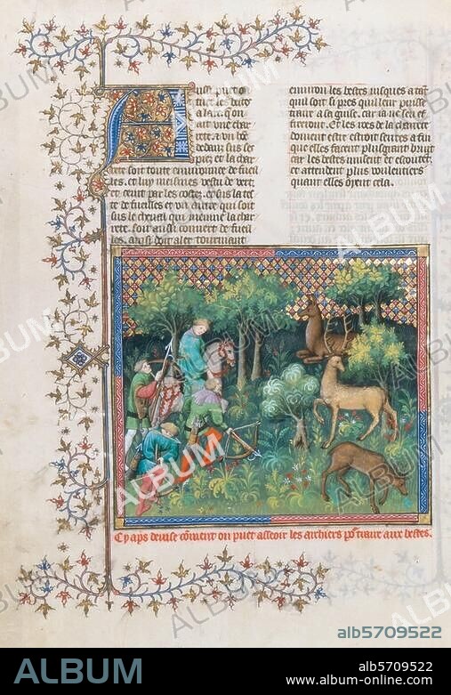ANONYM. Buchmalerei, Pariser Werkstatt, um 1407. Jagd auf Rotwild mit der Armbrust. Illustration zu: Gaston Phébus (1331-1391), Le Livre de la chasse (Das Buch von der Jagd). Ms français 616, fol. 114 v. Paris, Bibliothèque Nationale.