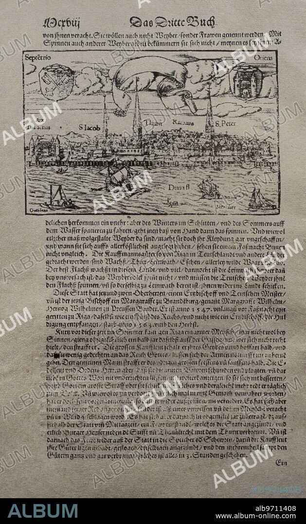 SEBASTIAN MÜNSTER. Historia de Letonia. Riga. VIsta de la ciudad a mediados del siglo XVI. Xilografía. Cosmographia de Sebastian Münster (1488-1552). Basilea, 1550. Museo de la Guerra de Letonia. Riga.