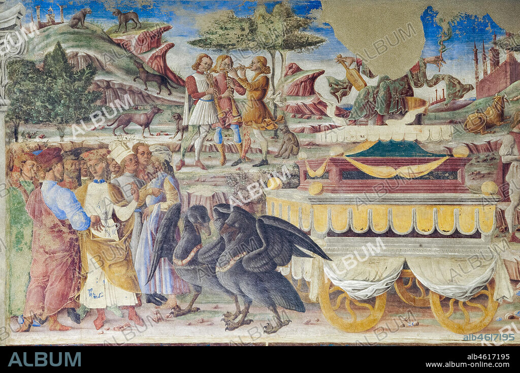 Ferrara: Palazzo Schifanoia, Hall of the Months, Northern Wall: "June" with the triumph of Mercury, on a project by Cosmé Tura e realised by painters of the Ferrara school, about 1468 - 1470.