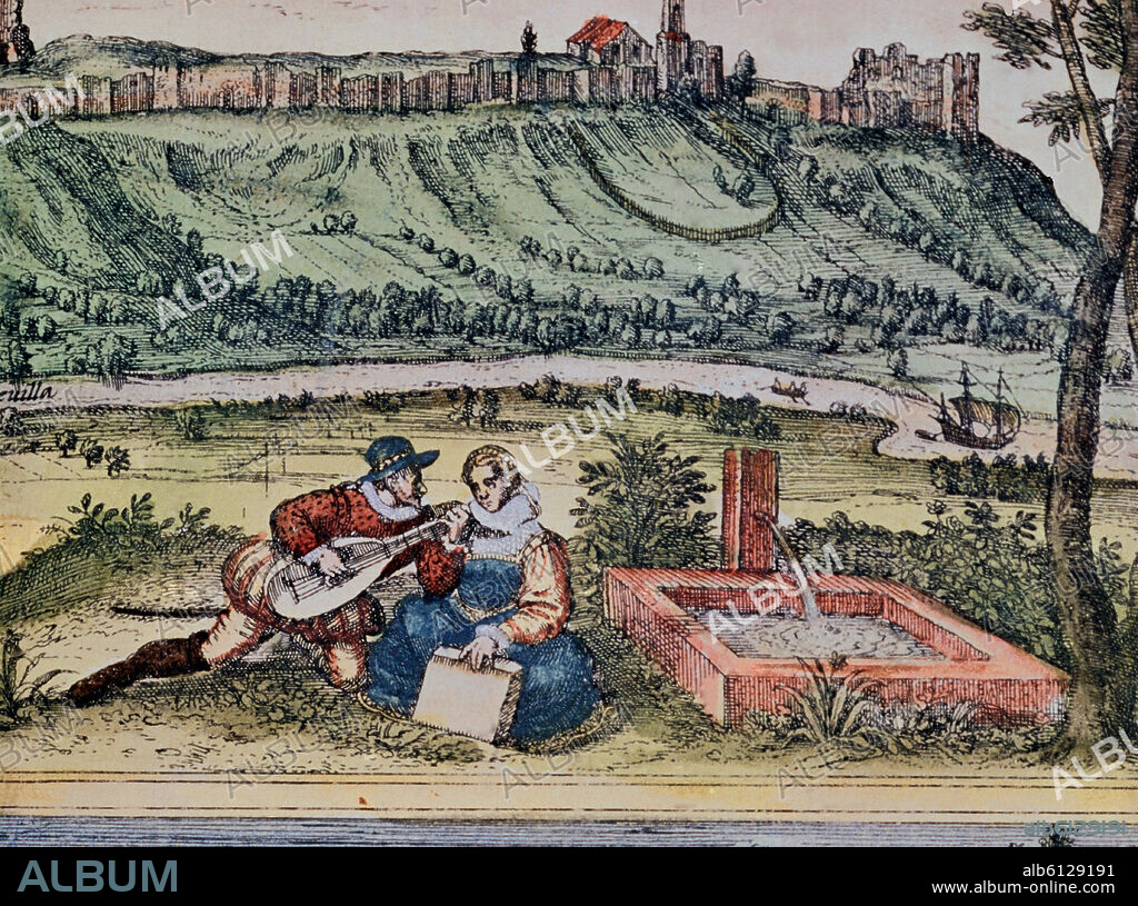 GEORG BRAUN 1541-1622 / FRANS HOGENBERG. CIVITATES ORBIS TERRARUM - SAN JUAN DE AZNALFARACHE - DETALLE DE UNA PAREJA JUNTO A LA FUENTE - GRABADO - SIGLO XVI - CONJUNTO NUMERO 3082.
