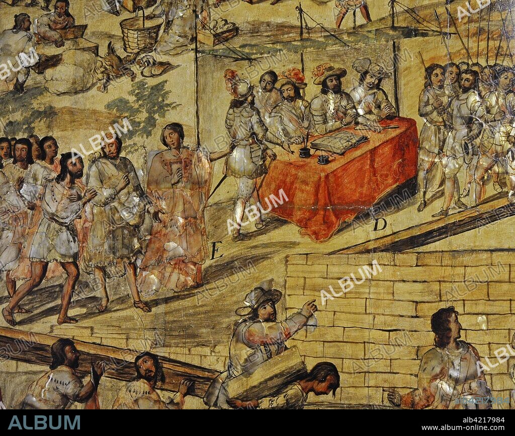 The Conquest of Mexico (1519-1521). D- Hernan Cortes appoints ordinary mayors of the town, E- La Malinche makes the Totonac understand who Cortes is. Detail. Table belonging to a set of 6 made with the "enconchado" technique. Anonymous author. Oil and nacre. 1676-1700. Mexican School. Viceroyalty of New Spain. Mexico. Museum of the Americas. Madrid, Spain.